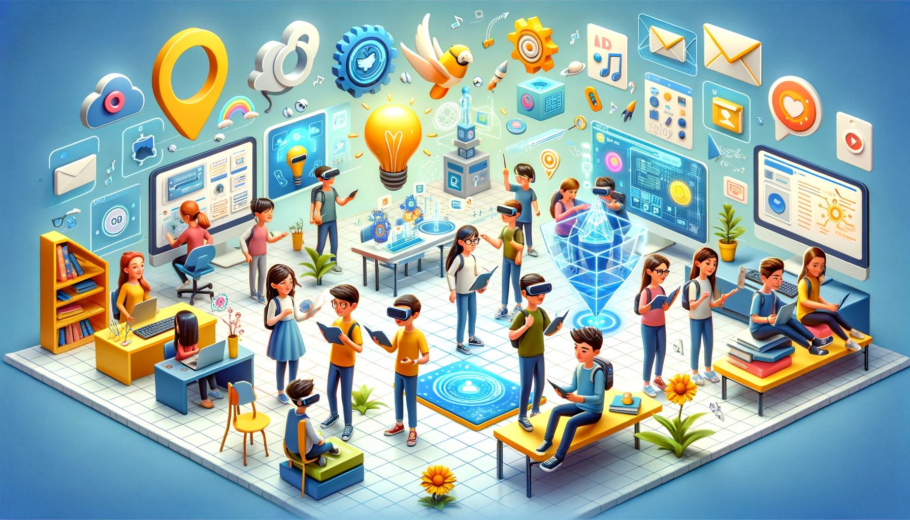 A lively scene depicting immersive learning in an educational context, featuring 3D avatars in a cartoony style. These avatars are engaged in learning